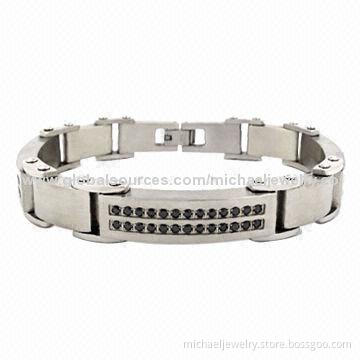Stainless Steel Bracelets with 26pcs of Black CZ Stones and Process of Both Polished and Brushed